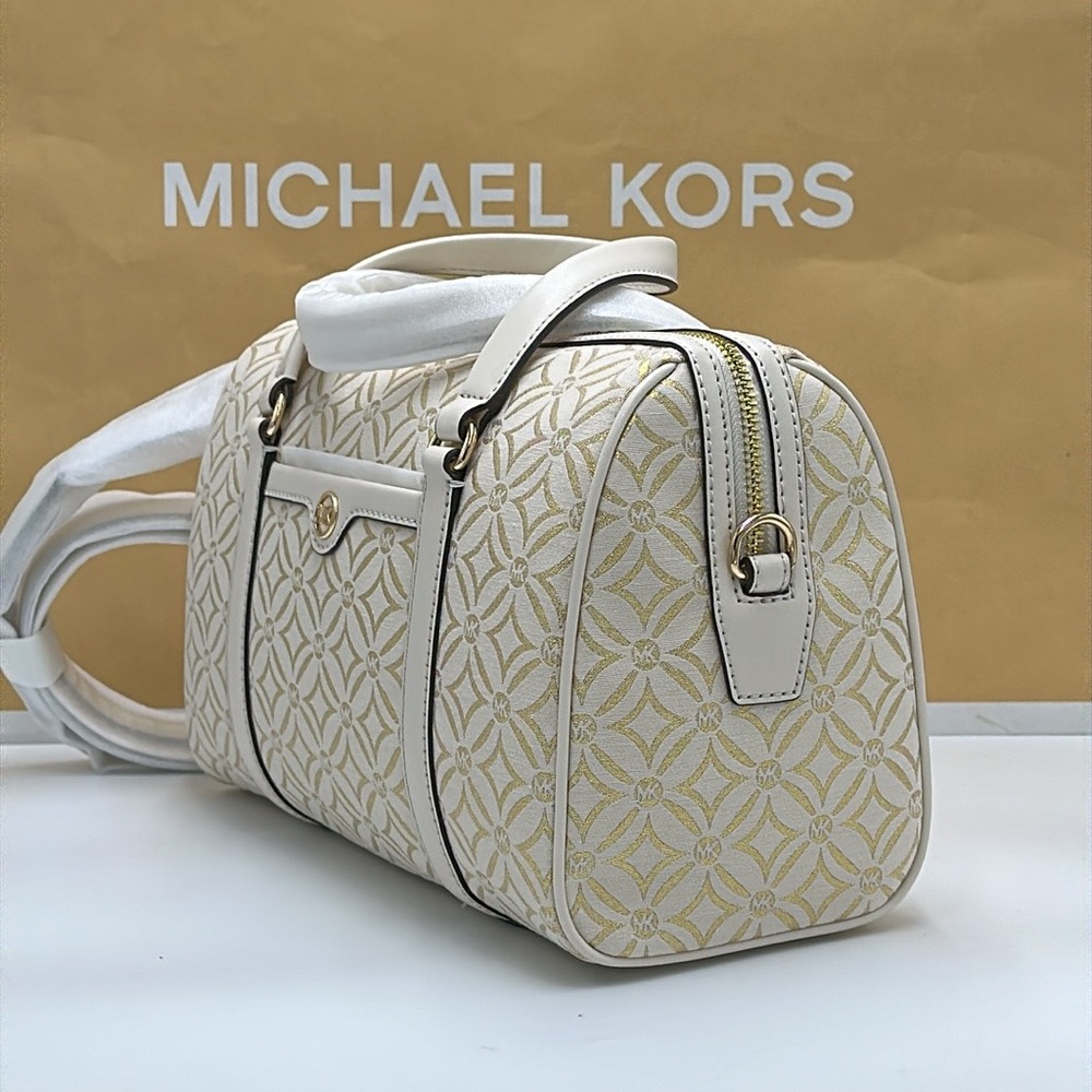 MICHAEL KORS JST TRAVEL MEDIUM DUFFLE SATCHEL CROSSBODY BAG MK Pale Gold Multi - Picture 4 of 16